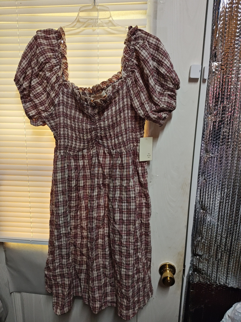 Plaid Puff-Sleeve Midi Dress in Burgundy